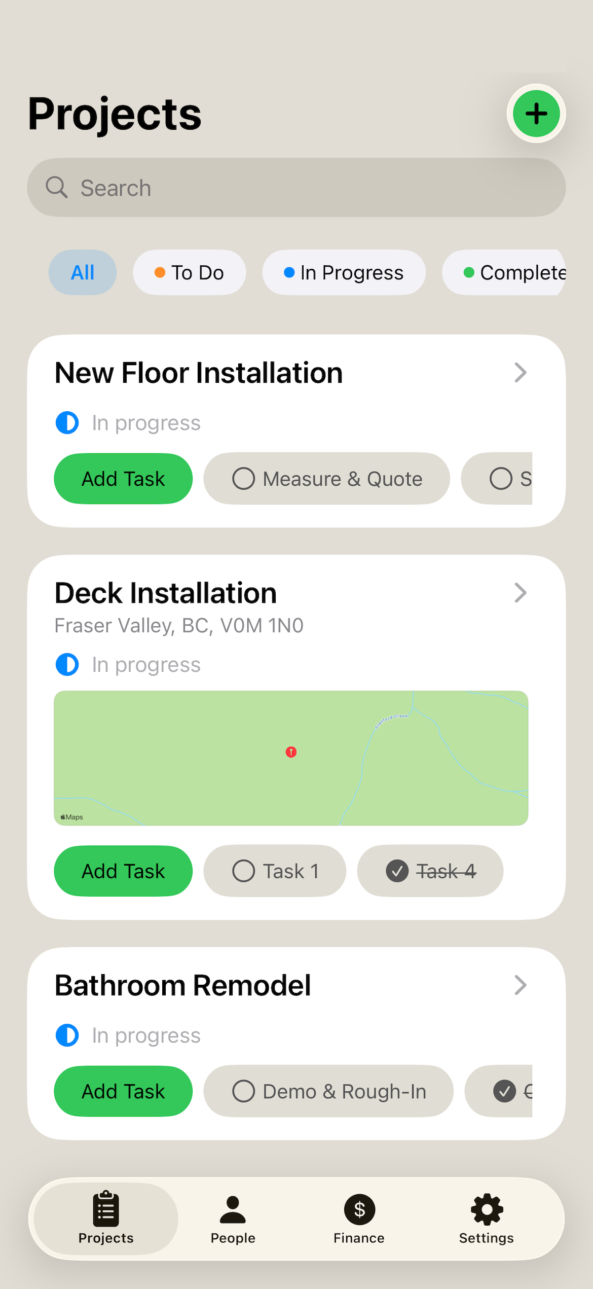 Projects list in Pocket Boss Pro